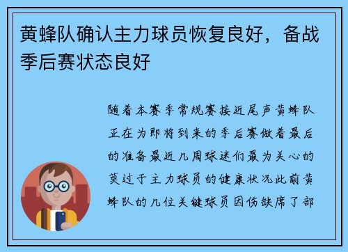 黄蜂队确认主力球员恢复良好，备战季后赛状态良好